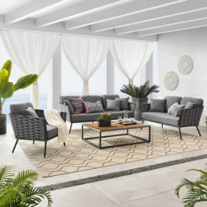 OMCCO 4-Piece Waterproof Weaving Rope and Wooden Top Table Outdoor Sofa Set with Powder-Coated Iron Conversation Bistro Set for Balcony, Lawn, Garden, Couch, Backyard (Black & Grey)