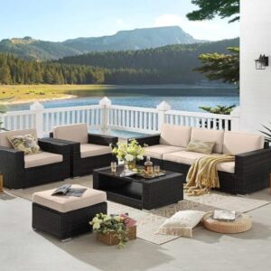 OMCCO 6 Seater Sofa Conversation Wicker Sofa Set with Center Table, Outdoor Patio Furniture Set Ottoman with Cushions for Poolside, Garden, or Balcony.(Dark Brown and Cream)