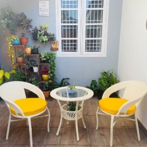OMCCO 3 Pieces Patio Outdoor Rattan, Wicker Chair and Table, Patio Conversation Set with Cushions and Table Glass, Backyard, Porch, Garden, Poolside (Yellow)