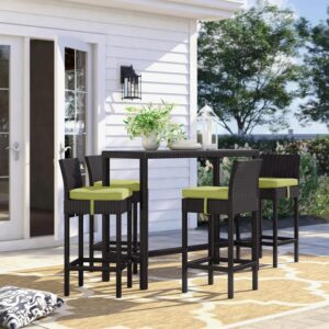 OMCCO Patio Bar Set Chairs and Table Set for Outdoor, Garden, Living Room Wicker Rattan Bar Stools Set (Brown & Green)