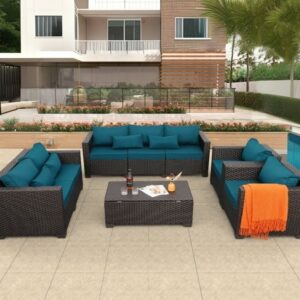 OMCCO Outdoor Garden Patio Seating Sofa Set with Center Table 7 Seater Sofa Set for Balcony Wicker Rattan Garden Sofa Set with Cushion and Center Table(Brown & Peacock-Blue)