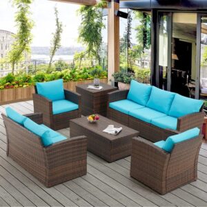 OMCCO Outdoor 7-Seater Wicker Sectional Sofa Waterproof Outdoor Furniture(Dark Brown and Sky Blue Color)