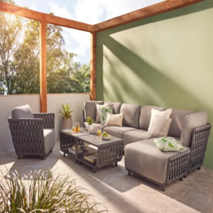 OMCCO 6 Seater Sofa Outdoor Indoor Conversation Patio Garden Rope Furniture Set with Cushion and Center Table for Garden/Balcony/Poolside.(Grey Color)