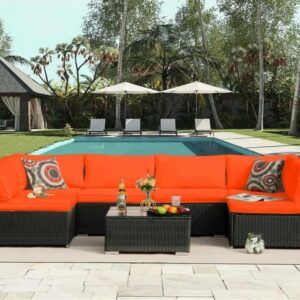 OMCCO 6 Seater Outdoor Conversation Patio Furniture Set All Weather Wicker Sectional Couch Sofa, Center Table Ottoman with Cushions Waterproof for Gardens and Terrace (Orange)