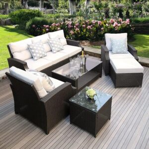 OMCCO 6PCS Outdoor Patio Furniture Sets,Garden Conversation Wicker Sofa Set,and Patio Sectional Furniture Sofa Set with Coffee Table for Lawn, Backyard, and Poolside (Black and Offwhite)