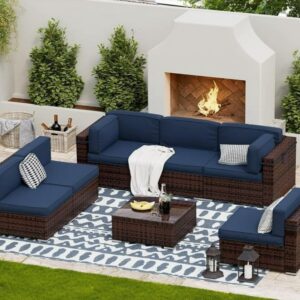 OMCCO 4PC Outdoor Wicker Rattan Furniture Set Cushioned Sectional Sofa, with Center Table for Garden/Park/Porch/Poolside/Backyard,(Blue)
