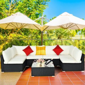 OMCCO Outdoor Patio Sectional Sofa Couch Wicker Furniture Conversation Set Cushions & Glass Coffee Table for Garden, Poolside, Backyard. (Black and Off White Color)