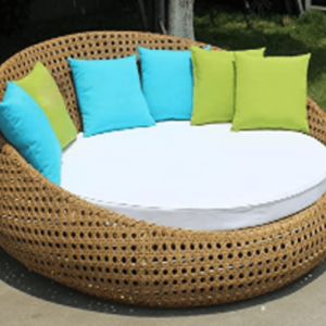 OMCCO Daybed with Round Furniture Set (Beige Wicker and Off white Cushion)