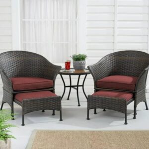 OMCCO Rattan and Wicker 2 Seater Cushioned Patio Conversation Bistro Set with 2 Pullout Ottomans and 1 Table Outdoor Garden Conversation Set for Backyard Porch Lawn (Red)