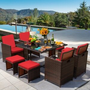 OMCCO 9 Pieces Outdoor Dining Sets Patio Rattan Conversation Set Outdoor Space Saving Wicker Chairs with Glass Table(Red)