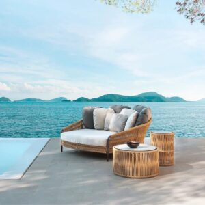 OMCCO Outdoor Patio Rope Daybed, Round Sofa with Center Table and Side Table(Beige and Off-White Color)