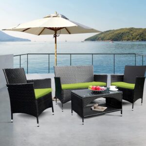 OMCCO Rattan and Wicker 4 Seater Patio Outdoor Sofa Set with 1 Glass Top Center Table Garden Conversation Furniture Set All Weather for Balcony, Garden Poolside (Black and Green)
