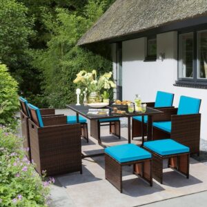 OMCCO 9 Pieces Outdoor Dining Sets Patio Rattan Conversation Set Outdoor Space Saving Wicker Chairs with Glass Table(Sky Blue)