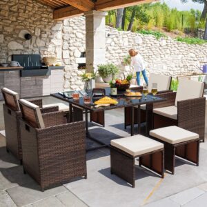 OMCCO 9 Pieces Outdoor Dining Sets Patio Rattan Conversation Set Outdoor Space Saving Wicker Chairs with Glass Table(Beige)