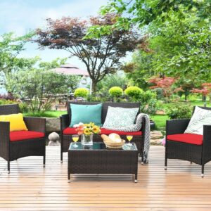 OMCCO 4 Seater Patio Furniture Set Outdoor Rattan Wicker Conversation Set(Brown & Red)