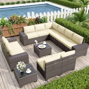 OMCCO 10 Seater Outdoor Sofa Set Patio Garden Balcony Porch Backyard Living Room Furniture Sofa Set Rattan Wicker Sectional Sofa All-Weather HDPE Rattan Conversation Sets (Brown & Off White)