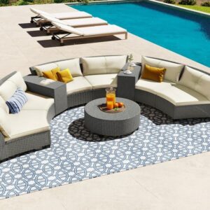 OMCCO 6-Piece Outdoor Patio Furniture Set Rattan Wicker Sectional Sofa Set with Half-Round Table and Tempered Glass Tabletop