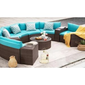 OMCCO 6 Seater Half-Moon Sofa Outdoor Patio Furniture Set Rattan Wicker Sectional Sofa Set with Half-Round Table and Tempered Glass Tabletop with Pillows for Garden,Pool,Backyard (Sky Blue)