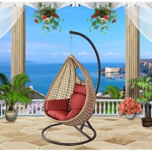 OMCCO Rattan and Wicker Iron Frame Cushioned Swing Chair with Stand Outdoor(Beige & Red)
