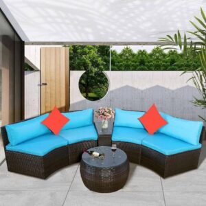 OMCCO 4 Seater Patio Furniture Set Outdoor Conversation Set | Half-Moon Rattan Wicker Sofa Set with Pillow, Table