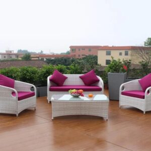 OMCCO 4 PCS Outdoor Garden Patio Seating Sofa Set with Center Table(White Rattan Red Cushion)