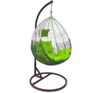 OMCCO Rattan and Wicker Iron Frame Cushioned Swing Chair with Stand(White & Green)