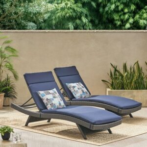 OMCCO 2PCS Furniture Outdoor Rattan and Wicker Adjustable Reclining Backrest Lounger Chair(Blue)