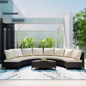 Omcco Rattan And Wicker 9 Seater Patio Set With Table (Dark Brown & Off-white)