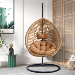 Omcco Single Seater Rattan & Wicker Swing (Beige & Cream)