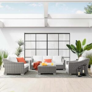 OMCCO 6 Seater Outdoor Sofa Set Patio Garden Balcony Porch Backyard Living Room Furniture Sofa Set Rattan Wicker Sectional Sofa All-Weather HDPE Rattan Conversation Sets (Off White)
