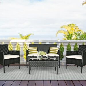 OMCCO 4 Seater Patio Sofa Chair Table Set Furniture Set Outdoor Rattan Wicker Conversation Set Sectional Wicker Sofa Chair & Coffee Table Set for Porch Poolside Backyard.(Black & Off White)