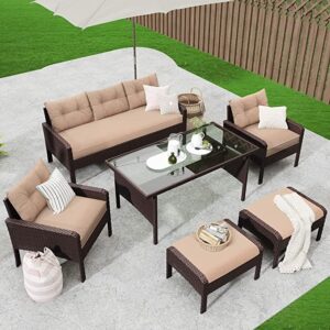 OMCCO 6 Pieces Patio Furniture Set, Outdoor Sofa HDPE Wicker Conversation Set Ottomans with Cushions and Center Table for Porch Lawn Garden Backyard.(Brown and Cream Color)