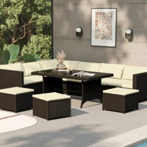 OMCCO 7 Seater Outdoor Furniture Collection Bistro Patio Sofa Set with Cushion Wicker Patio Backyard Living Set with Center Table for Garden/Balcony. (Black Color)