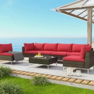 OMCCO 6 Seater Outdoor Conversation Patio Furniture Set All Weather Wicker Sectional Couch Sofa, Center Table with Cushions Waterproof for Gardens Balcony and Terrace (Red)