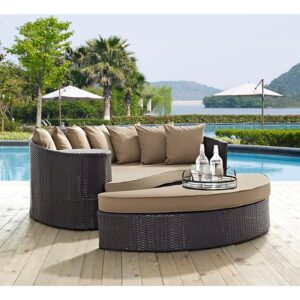 OMCCO Rattan and Wicker HDPE 2 Piece Outdoor Modular Sofa Sunbathing Daybed Lounger Set with Ottoman for Garden Terrace Porch (Dark Brown and Beige)