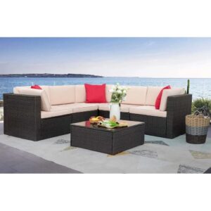 Omcco 3 Pieces L-Shape Outdoor Furniture Patio Sets HDPE Rattan Sectional Sofa with Coffee Table & Washable Cushions for Balcony, Garden, Terrace (Dark Brown and Cream)