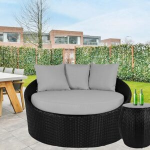 OMCCO Rattan and Wicker Outdoor Cushioned Round Shape Patio Daybed Sun Lounger with 1 Table Swimming Pool Side Sofa Garden Furniture Set (Black and Grey)