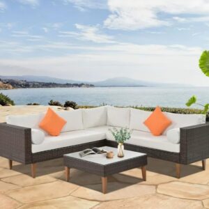 OMCCO 3 Pieces L Shape Outdoor Furniture Patio Sets HDPE Rattan Sectional Sofa with Coffee Table and Washable Couch Cushions for Balcony, Garden/Terrace.(Brown and Off Wihte Color)