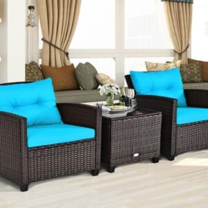 OMCCO 3 Pieces Chair Table Set Garden Outdoor Patio Balcony Furniture Rattan Conversation Set Wicker Sofa with Square Storage Table.(Dark Brown and Blue Color)