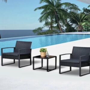 OMCCO Rattan and Wicker Iron Frame 2 Seater Patio Table and Chair Set Outdoor Furniture Set Rooftop Table Chair Set (Black and Grey)