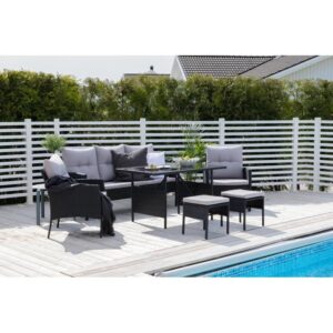 OMCCO Rattan and Wicker 7 Seater Patio Furniture Sets with Dining Table Outdoor All-Weather Sectional Patio Sofa Set with Cushioned Ottomans for Garden Poolside Balcony (Black & Beige)