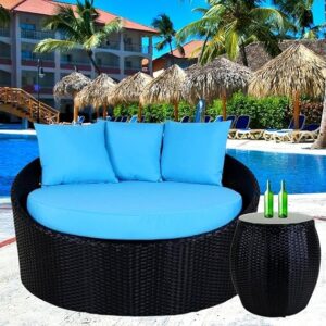 OMCCO Outdoor Patio Daybed/Round Sofa/Sunbade/Swimming Pool Side/Round Lounger/Sun Lounger/Garden/Terrace/Balcony/Rattan/Wicker Furniture Daybed Set (Black and SkyBlue)
