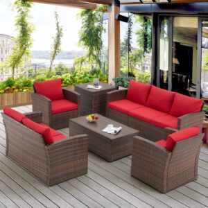 OMCCO 7 Seater Outdoor Conversation Set Patio Furniture Set All Weather Wicker Sectional Couch Sofa Dining Table Garden, Poolside, Balcony, Backyard.(Dark Brown and Red Color)