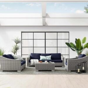 OMCCO 6 Sofa Seater Outdoor Sofa Set Patio Garden Balcony Porch Backyard Furniture Sofa Set Rattan Wicker Sectional Sofa All-Weather Conversation Set(Silver & Navy Blue)