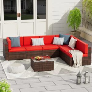 OMCCO 3PCS Outdoor Conversation Set Patio Furniture Manual Weaving Wicker Sectional Sofa Rattan Couch with Ottoman Or Table for Porch Lawn Garden Backyard.(RED)