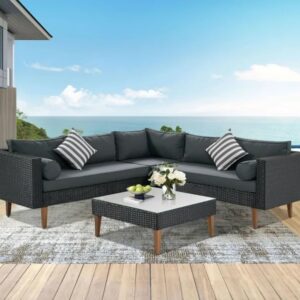 OMCCO 3 Pieces L Shape Outdoor Furniture Patio Sets HDPE Rattan Sectional Sofa with Coffee Table and Washable Couch Cushions for Balcony, Garden/Terrace.(Black and Grey Color)