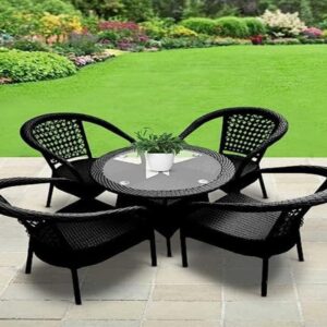 OMCCO Rattan and Wicker Garden Balcony 4 Seater Patio Table and Chair Set Garden Coffee Table Set with 1 Table and 4 Chairs Set Outdoor Furniture (Black)