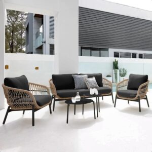 Omcco Braid & Rope Patio 4 Seater Sofa Set with Centre Table for Outdoor Garden Balcony (Tan/Black)