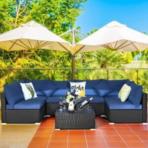 OMCCO 6 Seater Outdoor Patio Sectional Sofa L Shape sofaWicker Furniture Conversation Sets with Washable Cushions, and Glass Coffee Table for Garden, Poolside, and Backyard. (Black and Nevy Blue)
