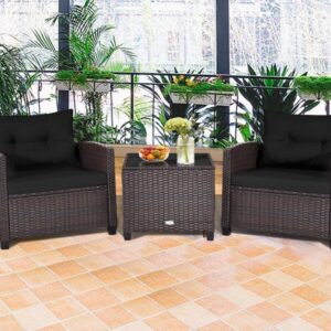 OMCCO 3 Pieces Patio Furniture HDPE Rattan Wicker Chair and Table Conversation Set for Garden,Balcony,Backyard,Pooside.(Dark Brown and Black Color)